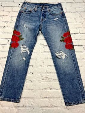 Levi’s 501 embroidered Red Floral Buttonfly Distressed Denim Jeans size 24